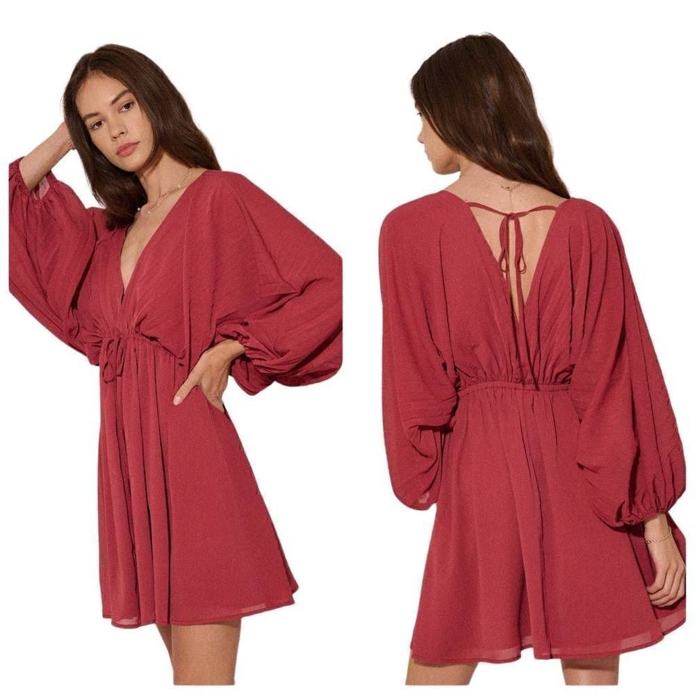 Promesa Deep Magenta Solid Deep V Neck Chiffon Bishop Sleeve Mini Dress Size Sma